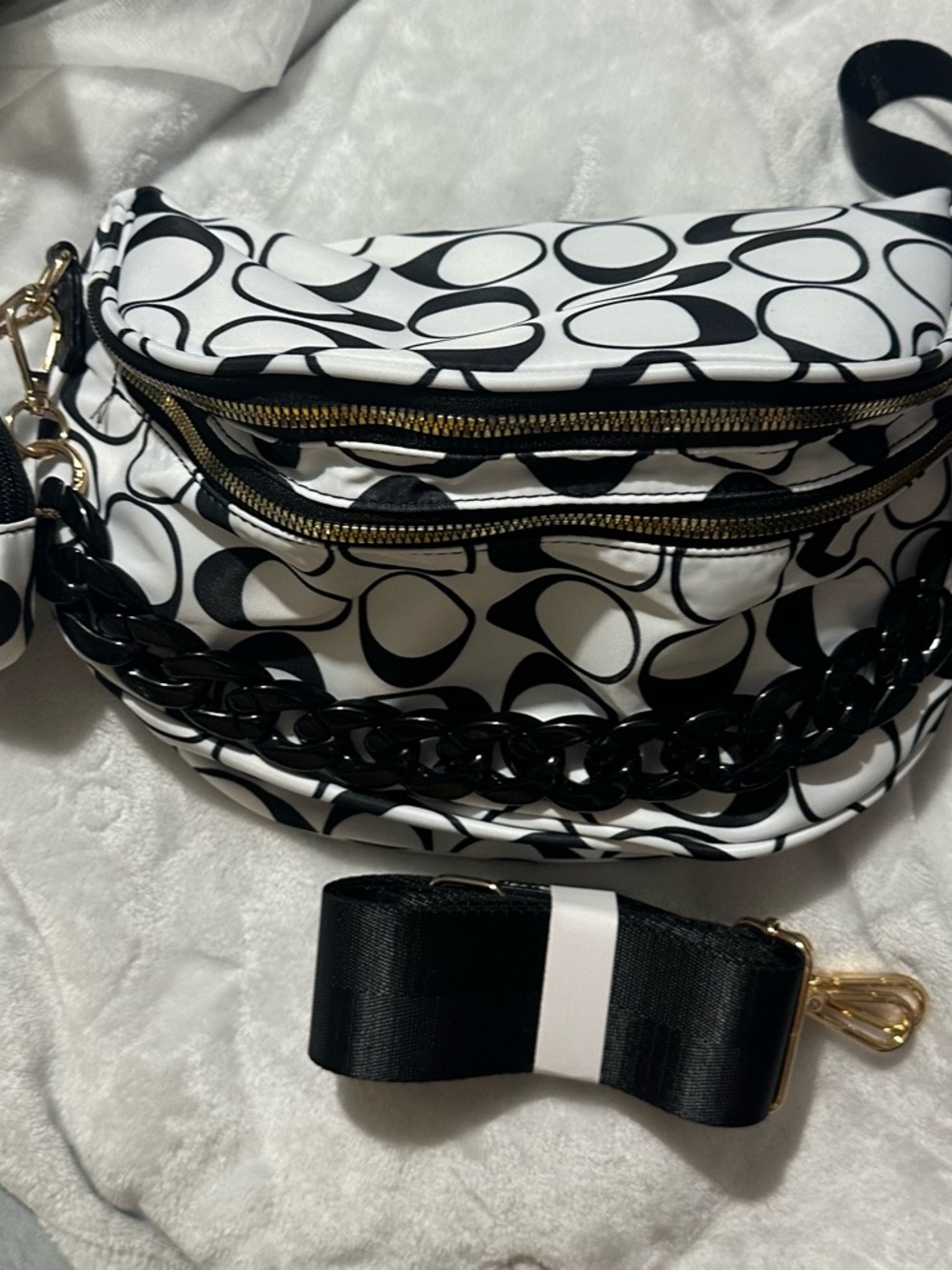 Black & White Graphic Crossbody Bag with Coin Purse/Chain Accent/ Plush Toy!